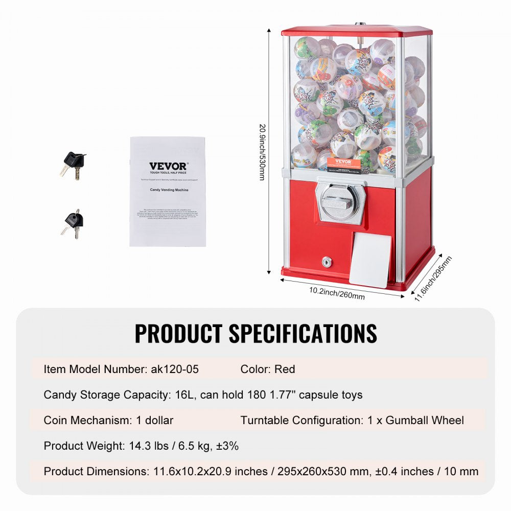 21"H Gumball Machine Vending Coin Bank Vintage Gumballs Dispenser PS Red