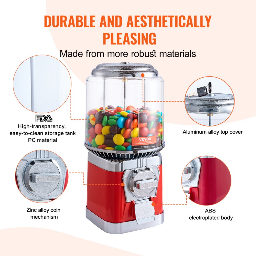 16"H Gumball Machine Vending Coin Bank Vintage Candy Dispenser PC Red