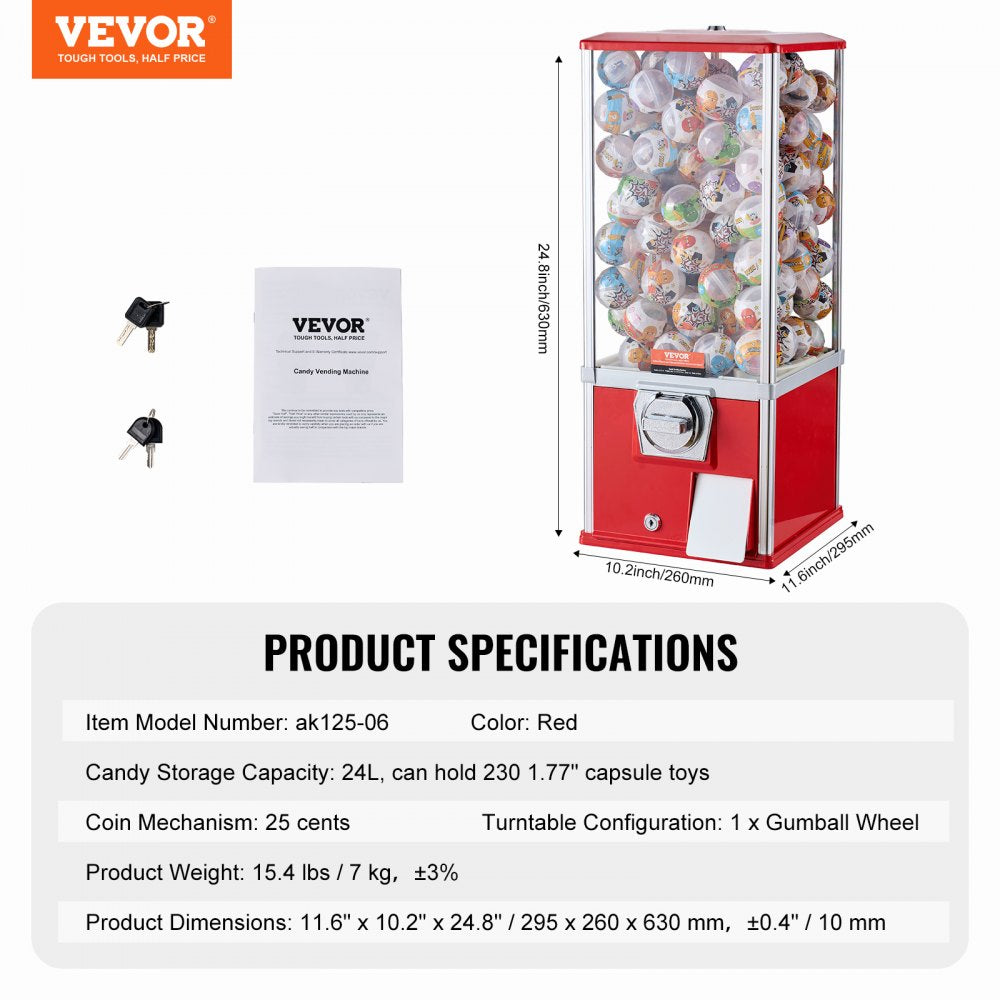 25"H Gumball Machine Vending Coin Bank Vintage Gumballs Dispenser PS Red
