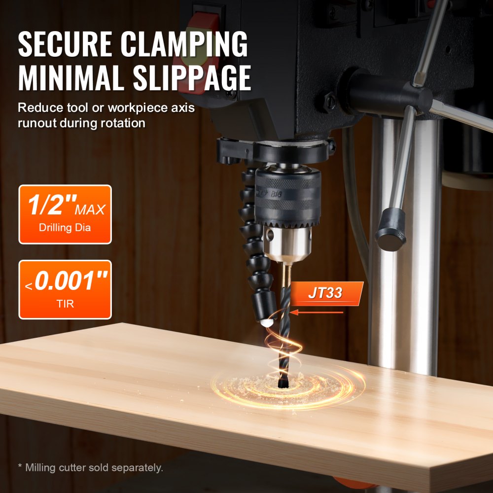 Benchtop drill press with 8-inch swing, adjustable speeds up to 3200 RPM, and tilting table.