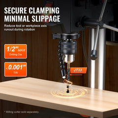 Benchtop drill press with 8-inch swing, adjustable speeds up to 3200 RPM, and tilting table.
