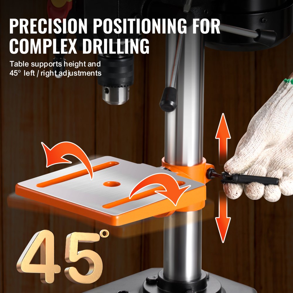 Benchtop drill press with adjustable table height, 45-degree tilt, and left-right supports.