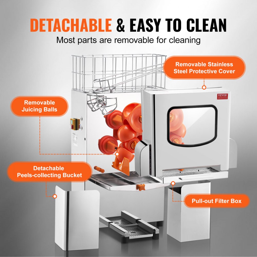 Commercial Orange Juicer Machine, 120W Automatic Juice Extractor, Stainless Steel Orange Squeezer 20 Oranges/Minute, with Pull-Out Filter Box, Stainless Steel Cover, 2 Peel Collecting Buckets