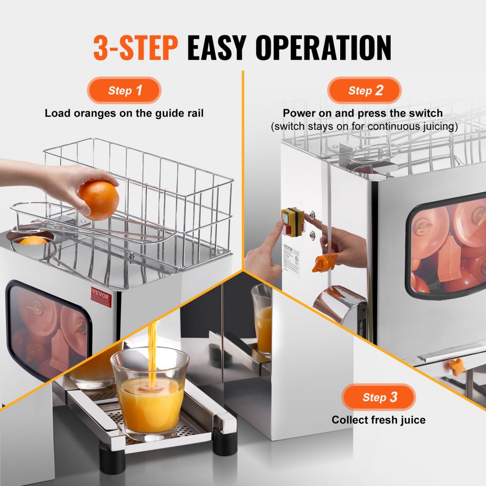 Commercial Orange Juicer Machine, 120W Automatic Juice Extractor, Stainless Steel Orange Squeezer 20 Oranges/Minute, with Pull-Out Filter Box, Stainless Steel Cover, 2 Peel Collecting Buckets