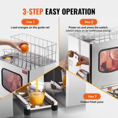 Commercial Orange Juicer Machine, 120W Automatic Juice Extractor, Stainless Steel Orange Squeezer 20 Oranges/Minute, with Pull-Out Filter Box, Stainless Steel Cover, 2 Peel Collecting Buckets