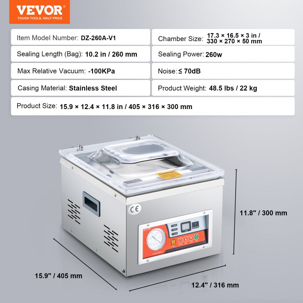 Chamber Vacuum Sealer, 260W Sealing Power, Vacuum Packing Machine for Wet Foods, Meats, Marinades and More, Compact Size with 15.7" Sealing Length, Applied in Home Kitchen and Commercial Use