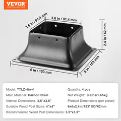 4x4 Post Base 4Pcs, Internal 3.6"x3.6" Heavy Duty Powder-Coated Steel Post Bracket Fit for Standard Wood Post Anchor, Decking Post Base for Deck Porch Handrail Railing Support