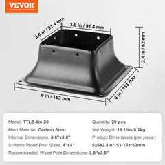 4x4 Post Base 20Pcs, Internal 3.6"x3.6" Heavy Duty Powder-Coated Steel Post Bracket Fit for Standard Wood Post Anchor, Decking Post Base for Deck Porch Handrail Railing Support