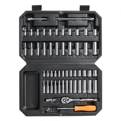 Bostome 54-piece socket and ratchet set with SAE and metric sizes in a portable case.