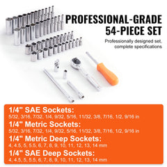 54-piece socket and ratchet set with SAE and metric sizes in a portable case.