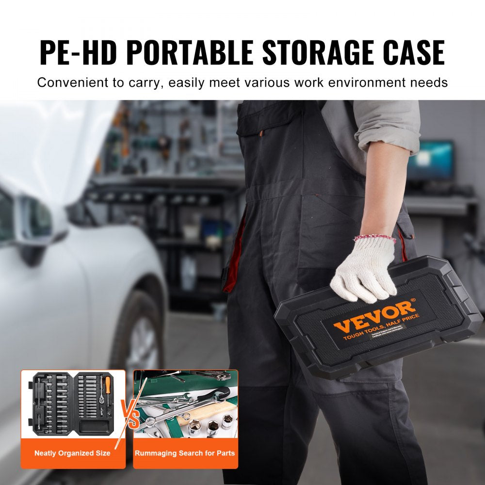 Bostome 54-piece socket and ratchet set with SAE and metric sizes in a portable case.