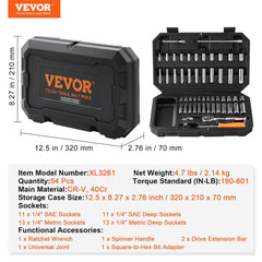 Bostome 54-piece socket and ratchet set with SAE and metric sizes in a portable case.