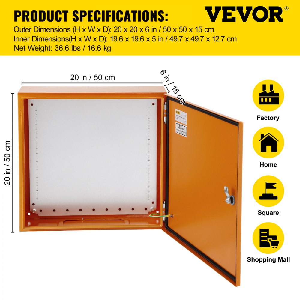 Electrical Enclosure, 20"x20"x6", Tested to UL Standards NEMA 4 Outdoor Enclosure, IP65 Waterproof & Dustproof Cold-Rolled Carbon Steel Hinged Junction Box for Outdoor Indoor Use, with Rain H