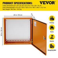 Electrical Enclosure, 20"x20"x6", Tested to UL Standards NEMA 4 Outdoor Enclosure, IP65 Waterproof & Dustproof Cold-Rolled Carbon Steel Hinged Junction Box for Outdoor Indoor Use, with Rain H