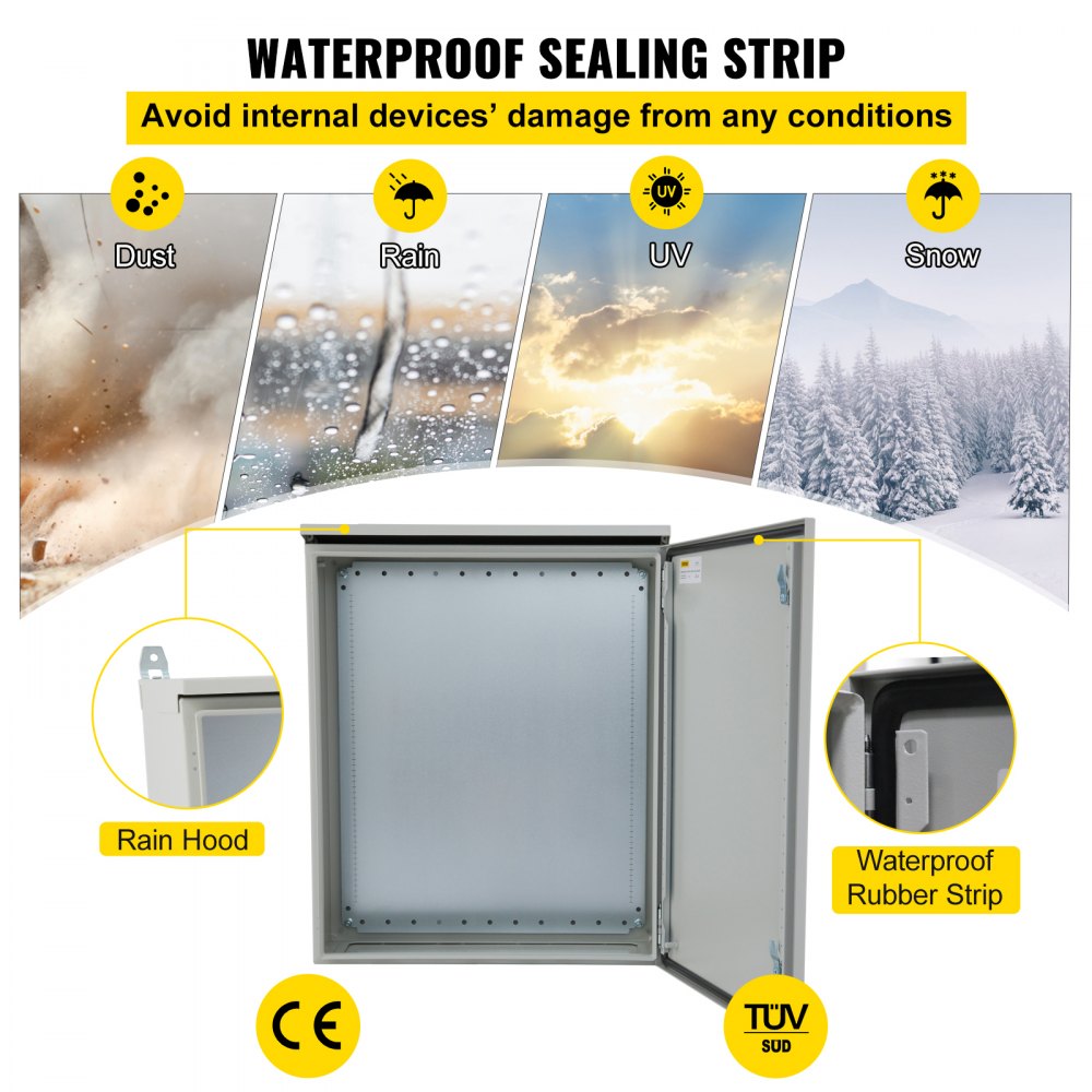 Electrical Enclosure, 24x24x8in, Tested to UL Standards NEMA 4 Outdoor Enclosure, IP65 Waterproof & Dustproof Cold-Rolled Carbon Steel Hinged Junction Box for Outdoor Indoor Use, with Rain Hood