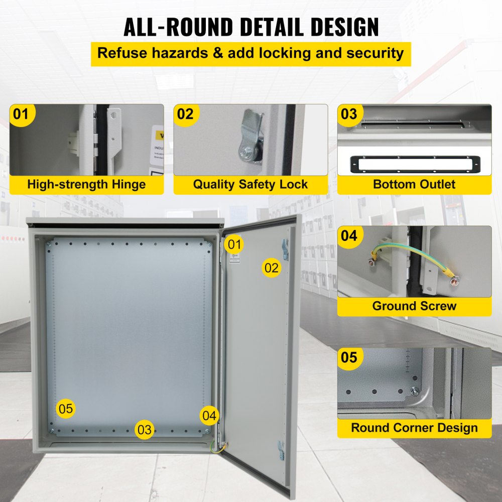 Electrical Enclosure, 24x24x8in, Tested to UL Standards NEMA 4 Outdoor Enclosure, IP65 Waterproof & Dustproof Cold-Rolled Carbon Steel Hinged Junction Box for Outdoor Indoor Use, with Rain Hood