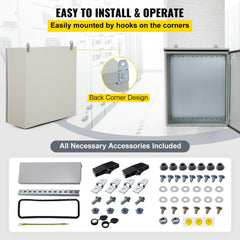 Electrical Enclosure, 24x24x8in, Tested to UL Standards NEMA 4 Outdoor Enclosure, IP65 Waterproof & Dustproof Cold-Rolled Carbon Steel Hinged Junction Box for Outdoor Indoor Use, with Rain Hood