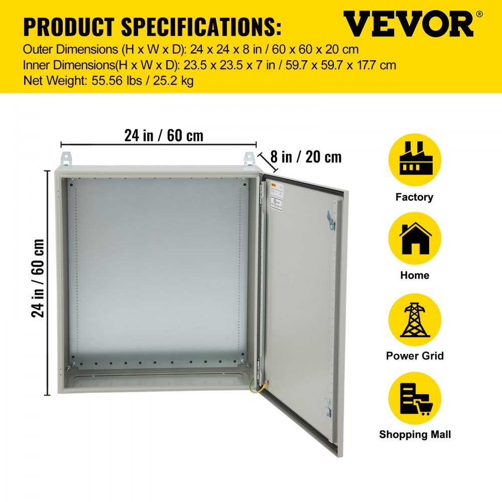 Electrical Enclosure, 24x24x8in, Tested to UL Standards NEMA 4 Outdoor Enclosure, IP65 Waterproof & Dustproof Cold-Rolled Carbon Steel Hinged Junction Box for Outdoor Indoor Use, with Rain Hood