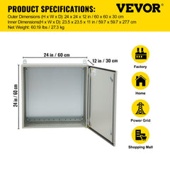 Electrical Enclosure, 24x24x12in, Tested to UL Standards NEMA 4 Outdoor Enclosure, IP65 Waterproof & Dustproof Cold-Rolled Carbon Steel Hinged Junction Box for Outdoor Indoor Use, with Rain Hood