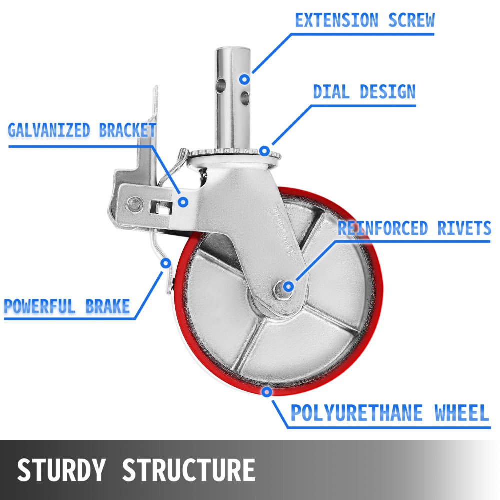 Scaffolding Wheels Set, Heavy Duty 4-Pack 8" Scaffolding Casters, with 4400 Lbs Per Set and Locking Stem Casters with Brake, Polyurethane Replacement for Scaffold, Shelves, Workbench