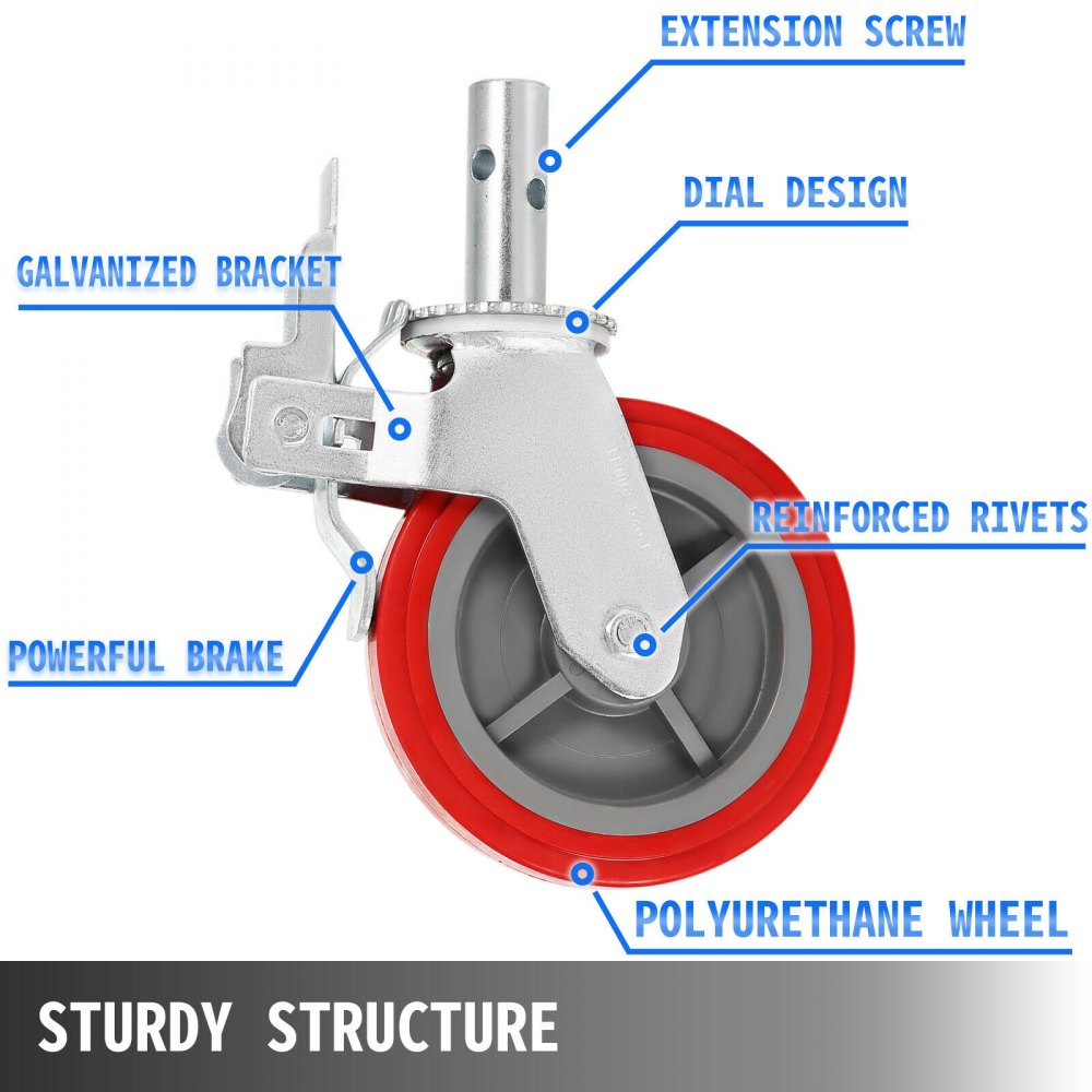 Scaffolding Wheels Set of 4, 8" - Scaffolding Casters Heavy Duty, 3200 Lbs Per Set - Locking Stem Casters with Brake, Red Polyurethane - Replacement for Scaffold, Shelves, Workbench