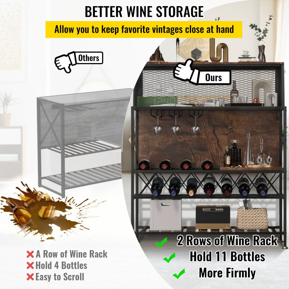 Wine Rack Home Bar Table, Industrial Liquor Storage Cabinets with Glass Holder, Bakers Rack Freestanding with Large Capacity for Home Kitchen Dining Room, Hold 12 Bottles of Wine (Rustic Brown)