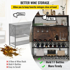 Wine Rack Home Bar Table, Industrial Liquor Storage Cabinets with Glass Holder, Bakers Rack Freestanding with Large Capacity for Home Kitchen Dining Room, Hold 12 Bottles of Wine (Rustic Brown)