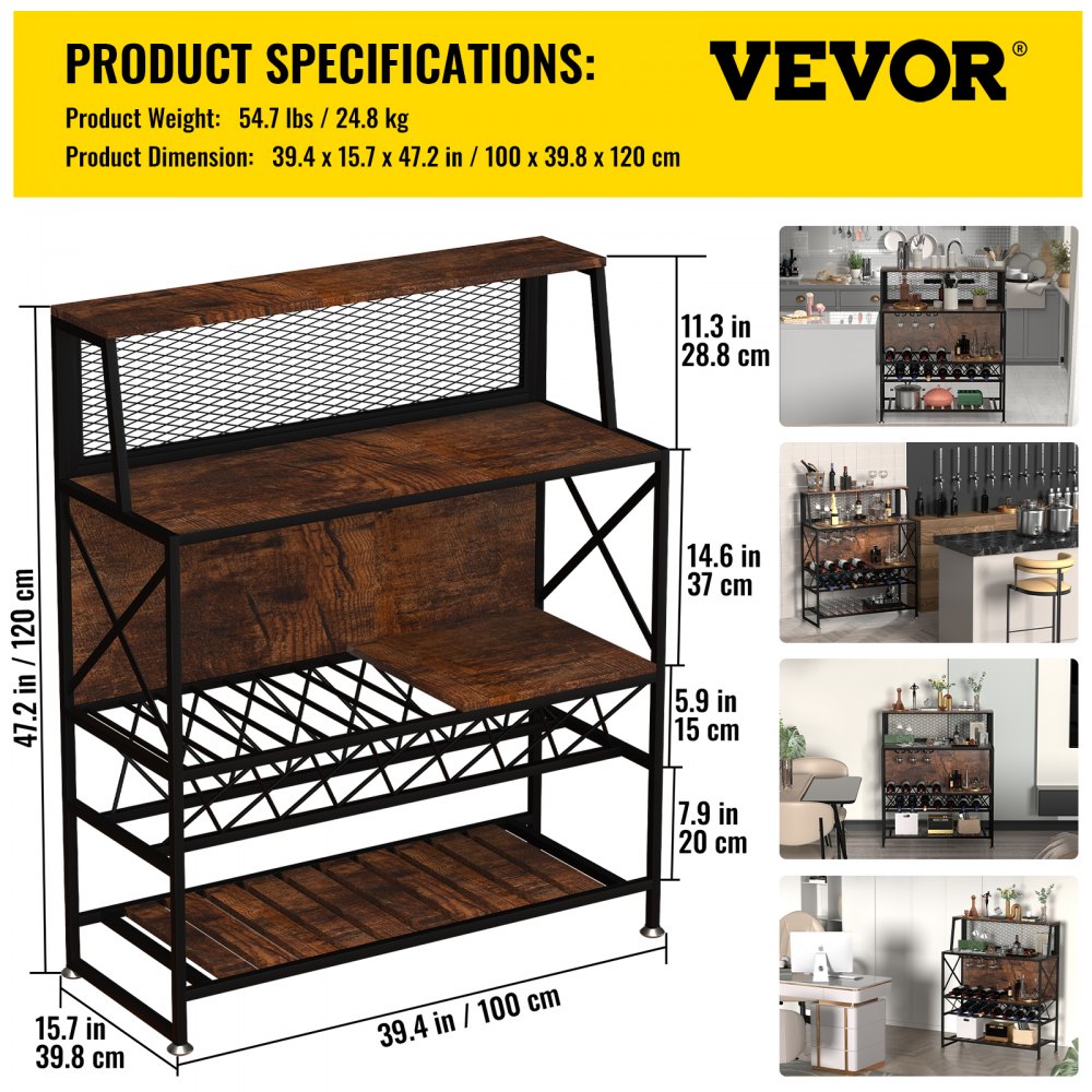 Wine Rack Home Bar Table, Industrial Liquor Storage Cabinets with Glass Holder, Bakers Rack Freestanding with Large Capacity for Home Kitchen Dining Room, Hold 12 Bottles of Wine (Rustic Brown)