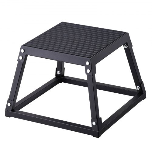 Black 12-inch steel plyometric jump box with anti-slip surface and rubber pads for stability.