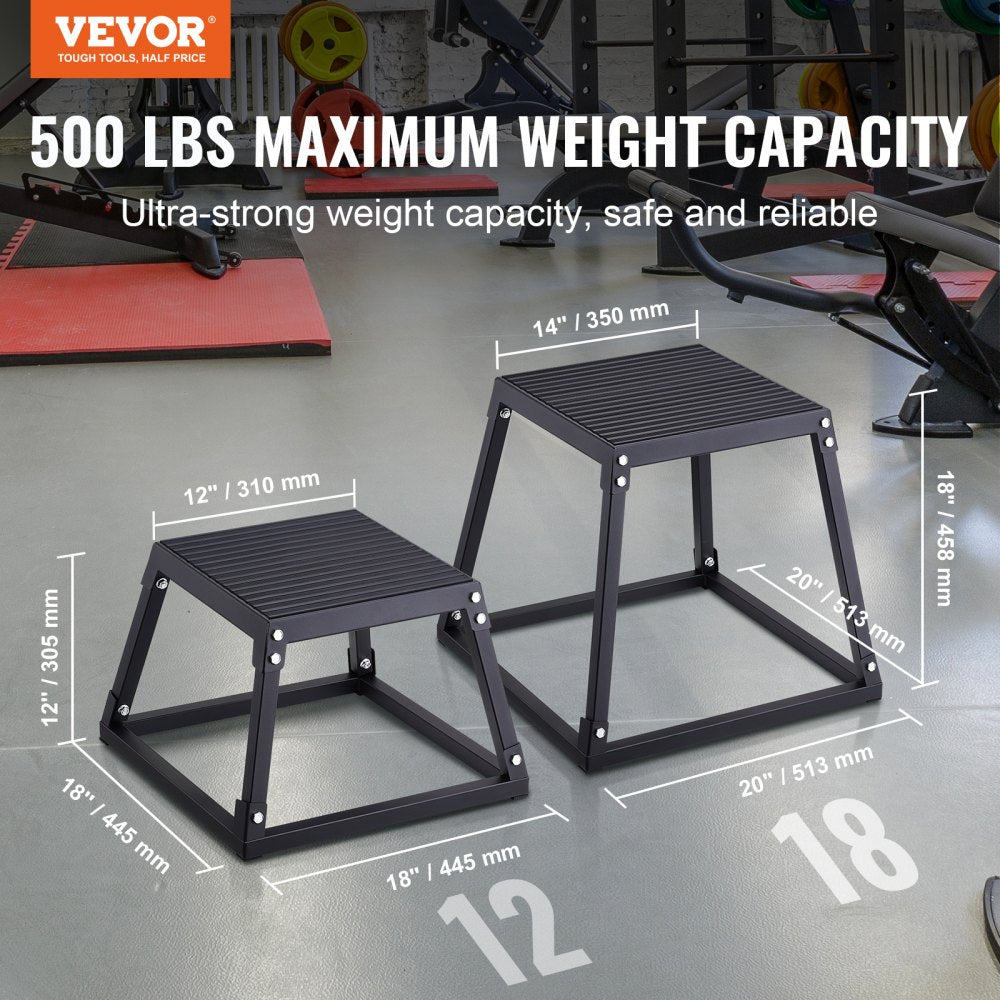Black 12-inch steel plyometric jump box with textured surface and anti-slip rubber pads.