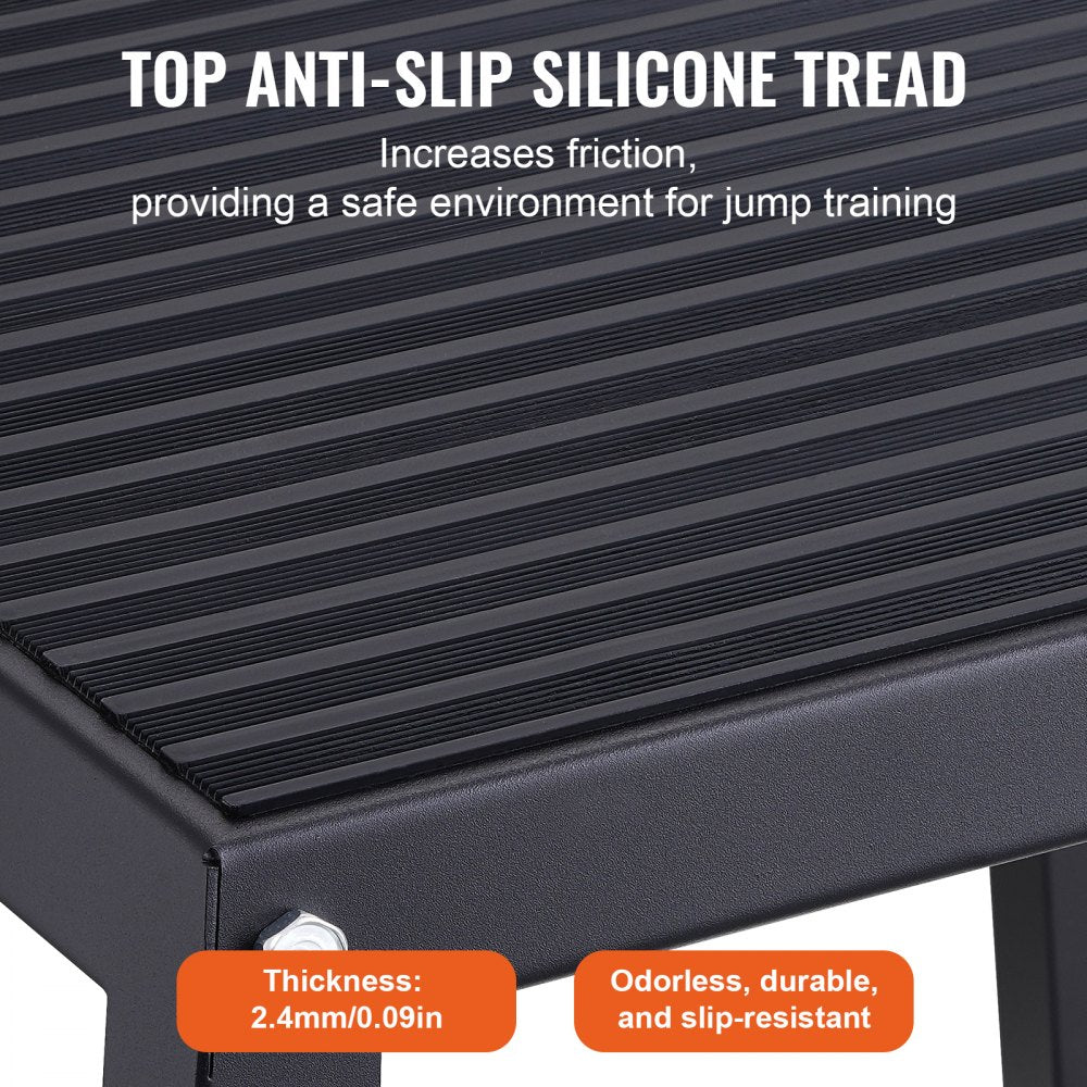 Black 12-inch steel plyometric jump box with anti-slip surface and sturdy construction.