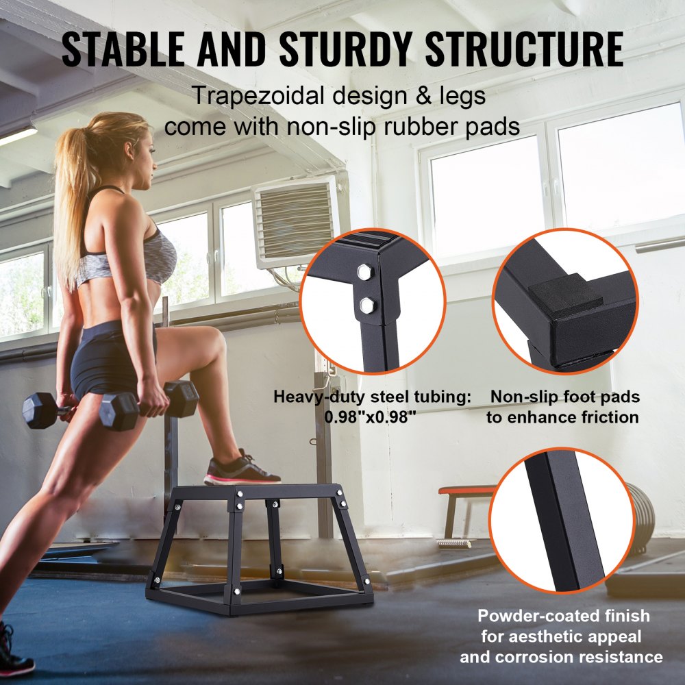 Black 12-inch steel plyometric jump box with anti-slip surface and rubber pads.