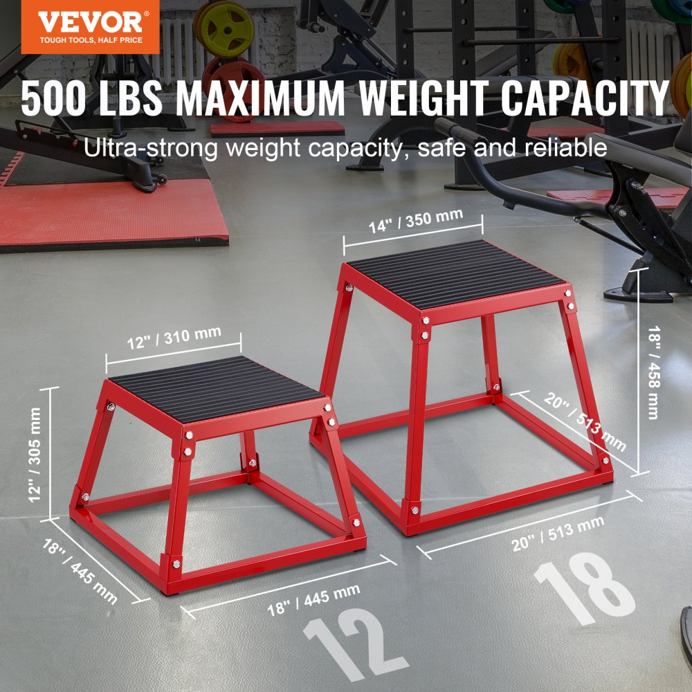 Red 18-inch steel plyometric jump box with anti-slip surface and 500 lb capacity.