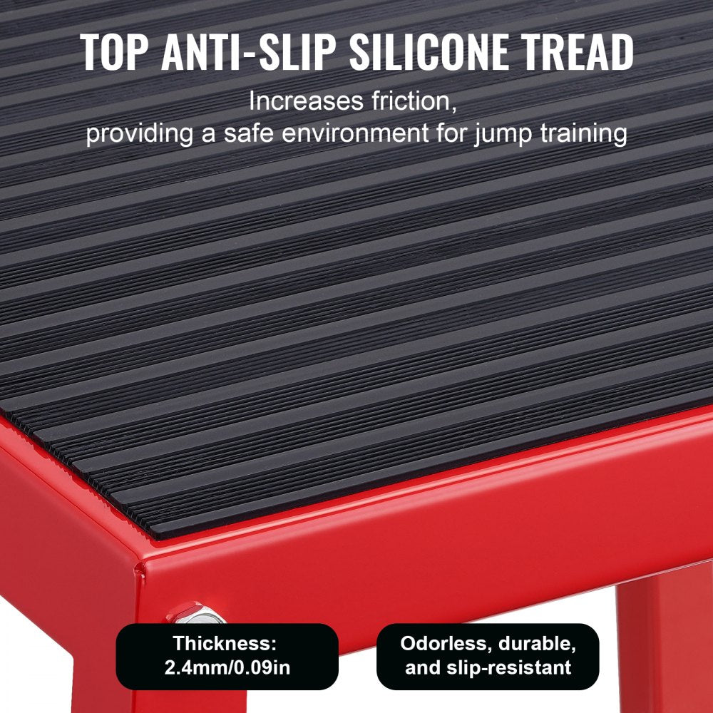 Red 18-inch steel plyometric jump box with anti-slip silicone tread and rubber base.