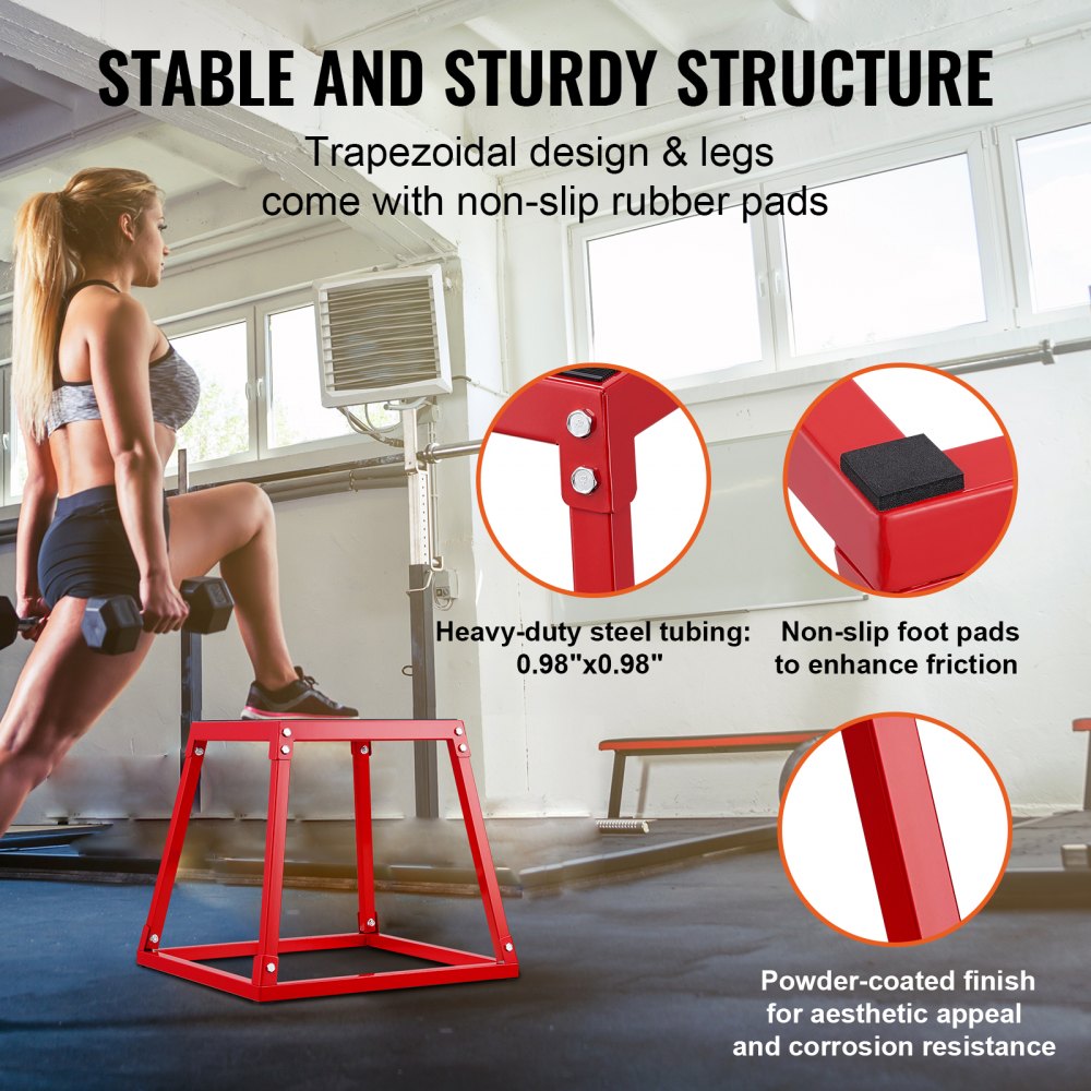 Red 18-inch steel plyometric jump box with anti-slip rubber pads and trapezoidal legs.