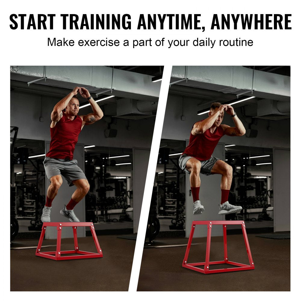 Red 18-inch steel plyometric jump box with anti-slip surface, shown in use for workouts.