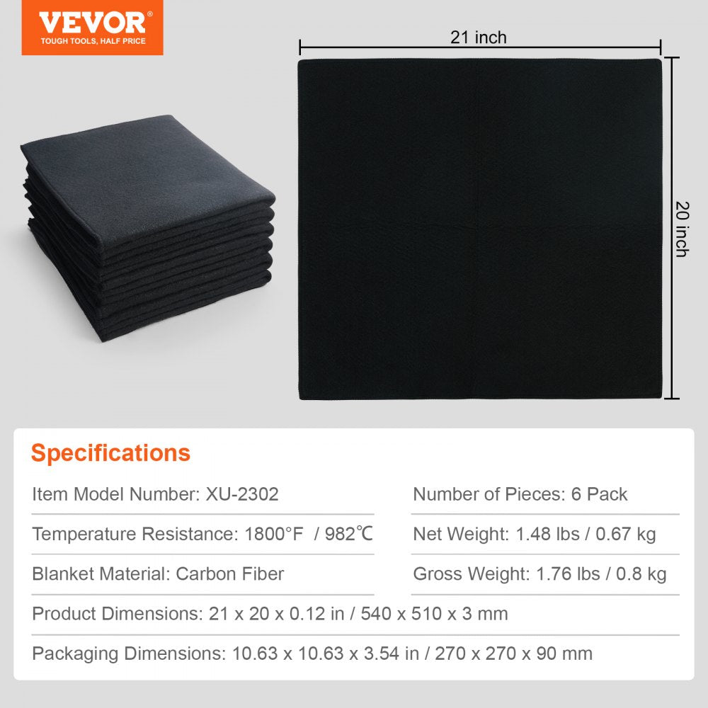Carbon Felt Welding Blanket 6 Pack, 21" x 20" Flame Retardant Welding Blankets, Up To 1800°F Heat Resistant Blanket Set, Cuttable Carbon Fiber Fire Retardant Insulation Welding Mat Pad