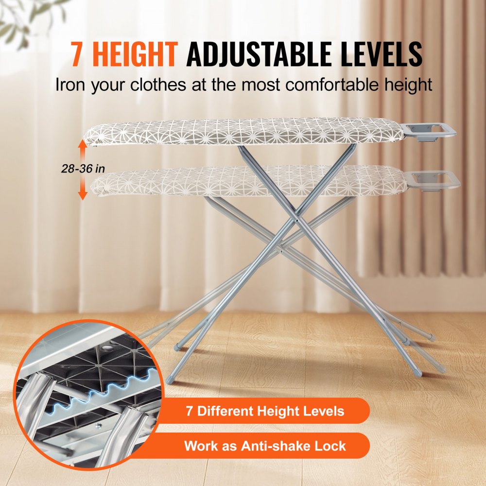Bostome ironing board with a 51" x 13" surface and 7 adjustable heights for ergonomic use.