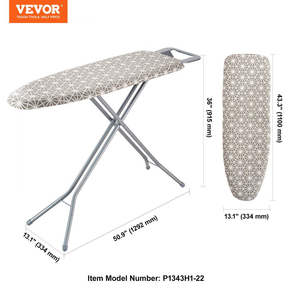 Bostome ironing board with a 51" x 13" surface and 7 adjustable heights for comfort.