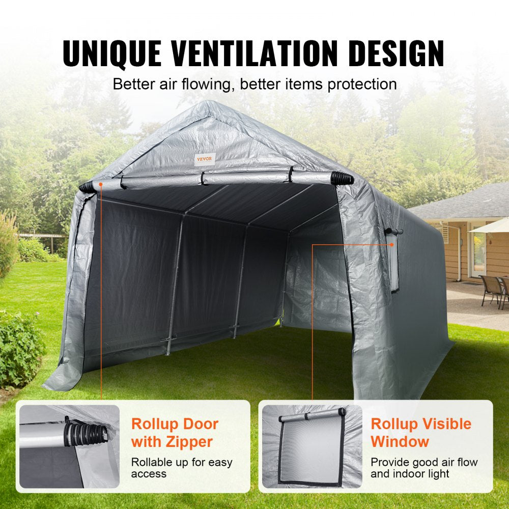 Outdoor Portable Storage Shelter Shed, 10x15x8ft Heavy Duty Instant Garage Tent Canopy Carport with Roll-up Zipper Door and Ventilated Windows For Cars, Motorcycle, Bike, Garden Tools