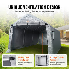 Outdoor Portable Storage Shelter Shed, 10x15x8ft Heavy Duty Instant Garage Tent Canopy Carport with Roll-up Zipper Door and Ventilated Windows For Cars, Motorcycle, Bike, Garden Tools