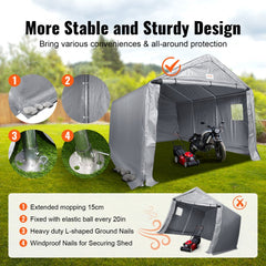 Outdoor Portable Storage Shelter Shed, 10x15x8ft Heavy Duty Instant Garage Tent Canopy Carport with Roll-up Zipper Door and Ventilated Windows For Cars, Motorcycle, Bike, Garden Tools
