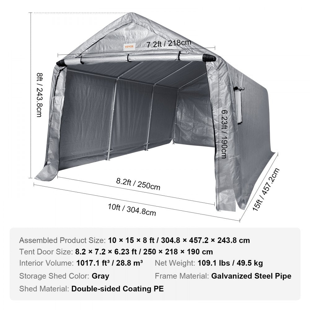 Outdoor Portable Storage Shelter Shed, 10x15x8ft Heavy Duty Instant Garage Tent Canopy Carport with Roll-up Zipper Door and Ventilated Windows For Cars, Motorcycle, Bike, Garden Tools