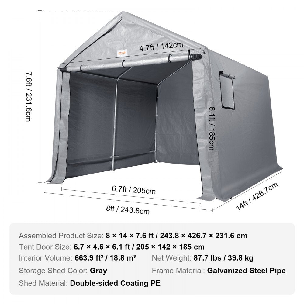 Portable Shed Outdoor Storage Shelter, 8 x 14 x 7.6 ft Heavy Duty  Instant Storage Tent Tarp Sheds with Roll-up Zipper Door and Ventilated Windows For Motorcycle, Bike, Garden Tools