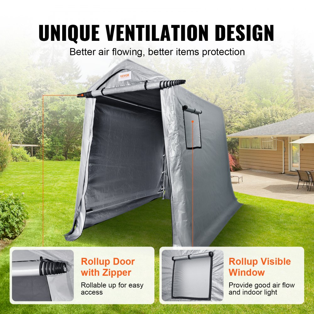 Portable Shed Outdoor Storage Shelter, 6 x 8 x 7 ft Heavy Duty All-Season Instant Storage Tent Tarp Sheds with Roll-up Zipper Door and Ventilated Windows For Motorcycle, Bike, Garden Tools