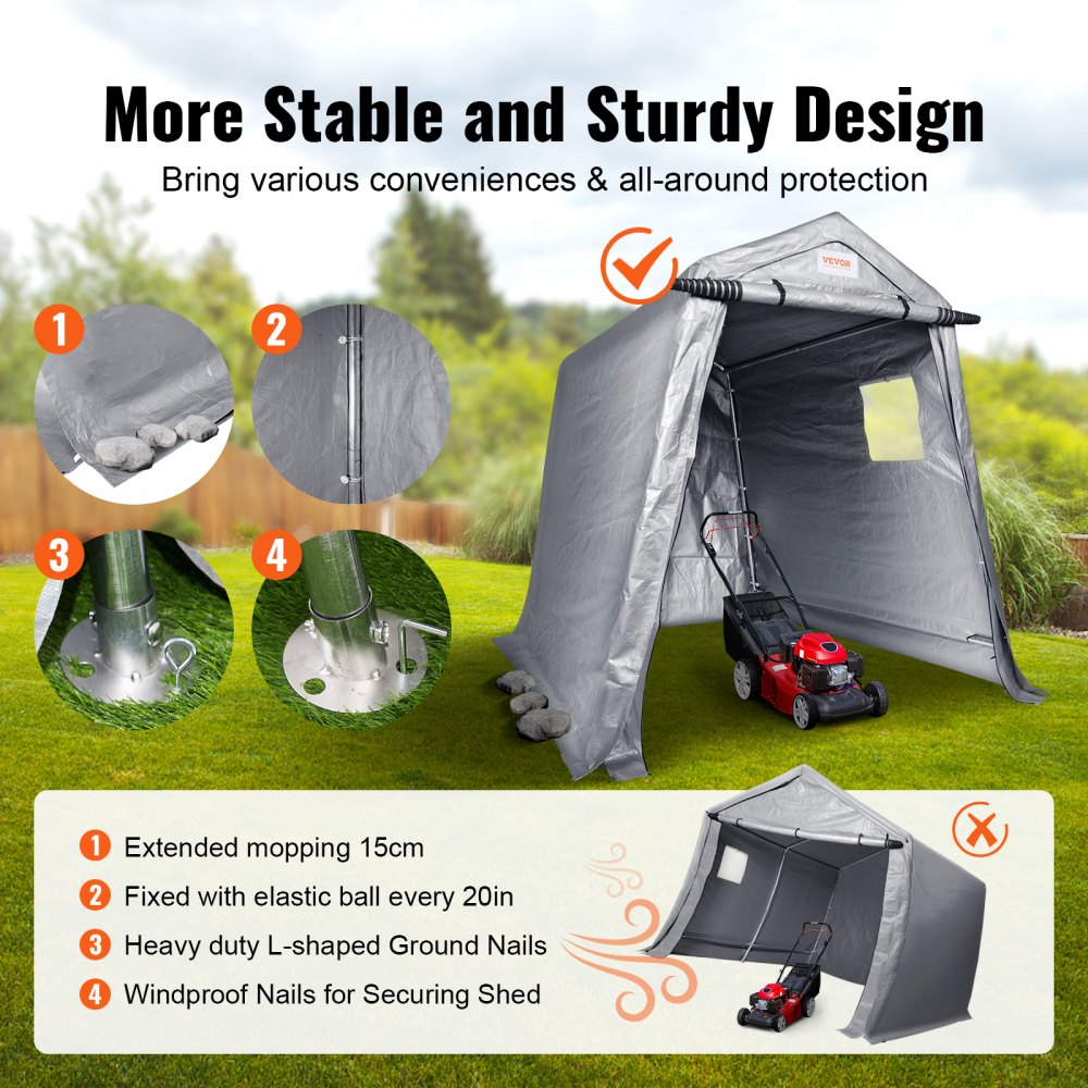 Portable Shed Outdoor Storage Shelter, 6 x 8 x 7 ft Heavy Duty All-Season Instant Storage Tent Tarp Sheds with Roll-up Zipper Door and Ventilated Windows For Motorcycle, Bike, Garden Tools
