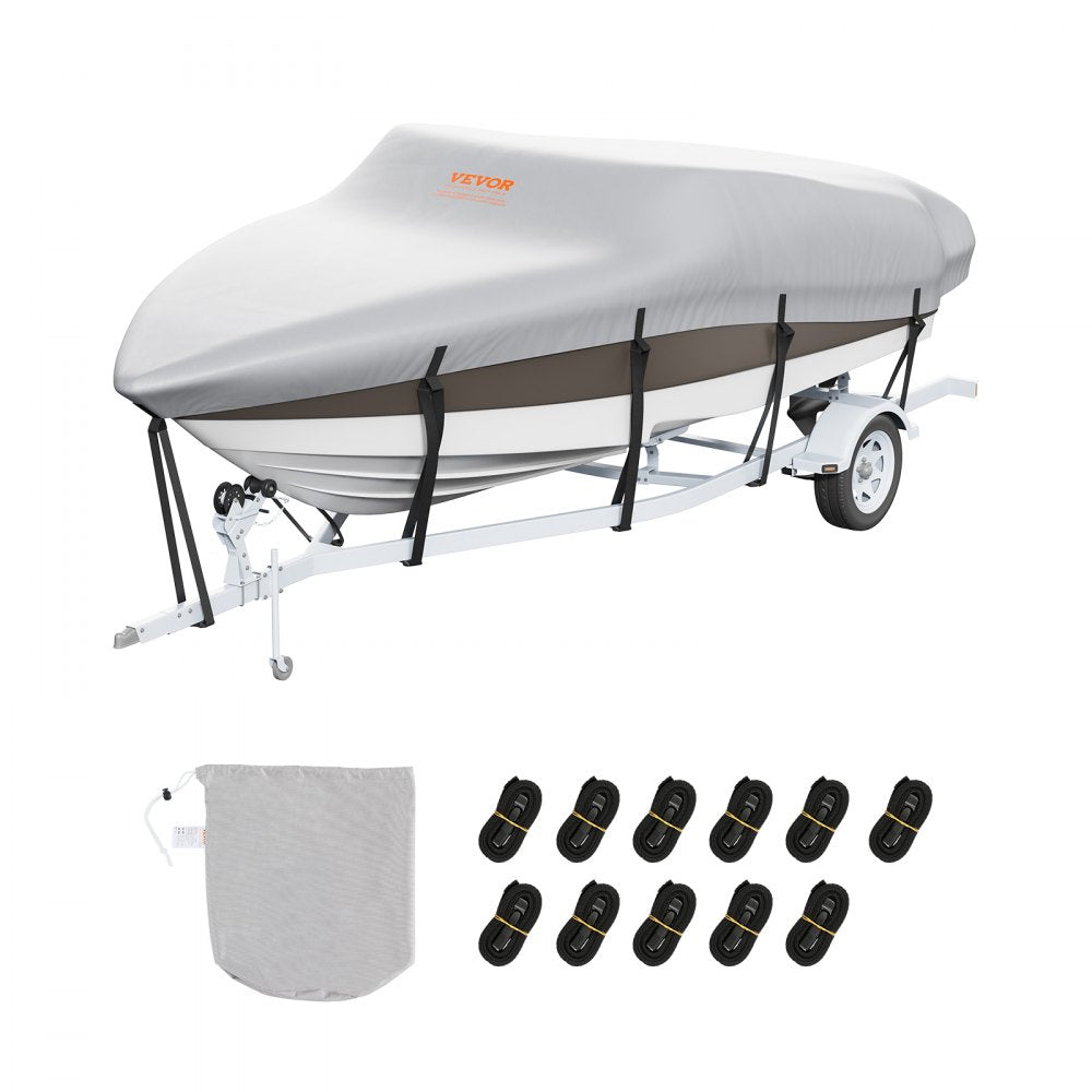 Boat Cover, 14`-16` Trailerable Waterproof Boat Cover, 600D Marine Grade PU Oxford, with Motor Cover and Buckle Straps, for V-Hull, Tri-Hull, Fish Ski Boat, Runabout, Bass Boat, Grey