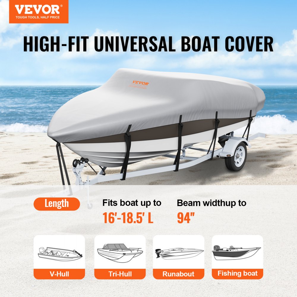 Boat Cover, 16`-18.5` Trailerable Waterproof Boat Cover, 600D Marine Grade PU Oxford, with Motor Cover and Buckle Straps, for V-Hull, Tri-Hull, Fish Ski Boat, Runabout, Bass Boat, Grey