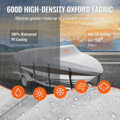 Boat Cover, 16`-18.5` Trailerable Waterproof Boat Cover, 600D Marine Grade PU Oxford, with Motor Cover and Buckle Straps, for V-Hull, Tri-Hull, Fish Ski Boat, Runabout, Bass Boat, Grey