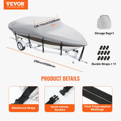 Boat Cover, 16`-18.5` Trailerable Waterproof Boat Cover, 600D Marine Grade PU Oxford, with Motor Cover and Buckle Straps, for V-Hull, Tri-Hull, Fish Ski Boat, Runabout, Bass Boat, Grey